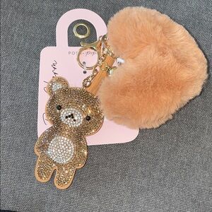 Teddy Bear bag charm with Tan Pom Pom